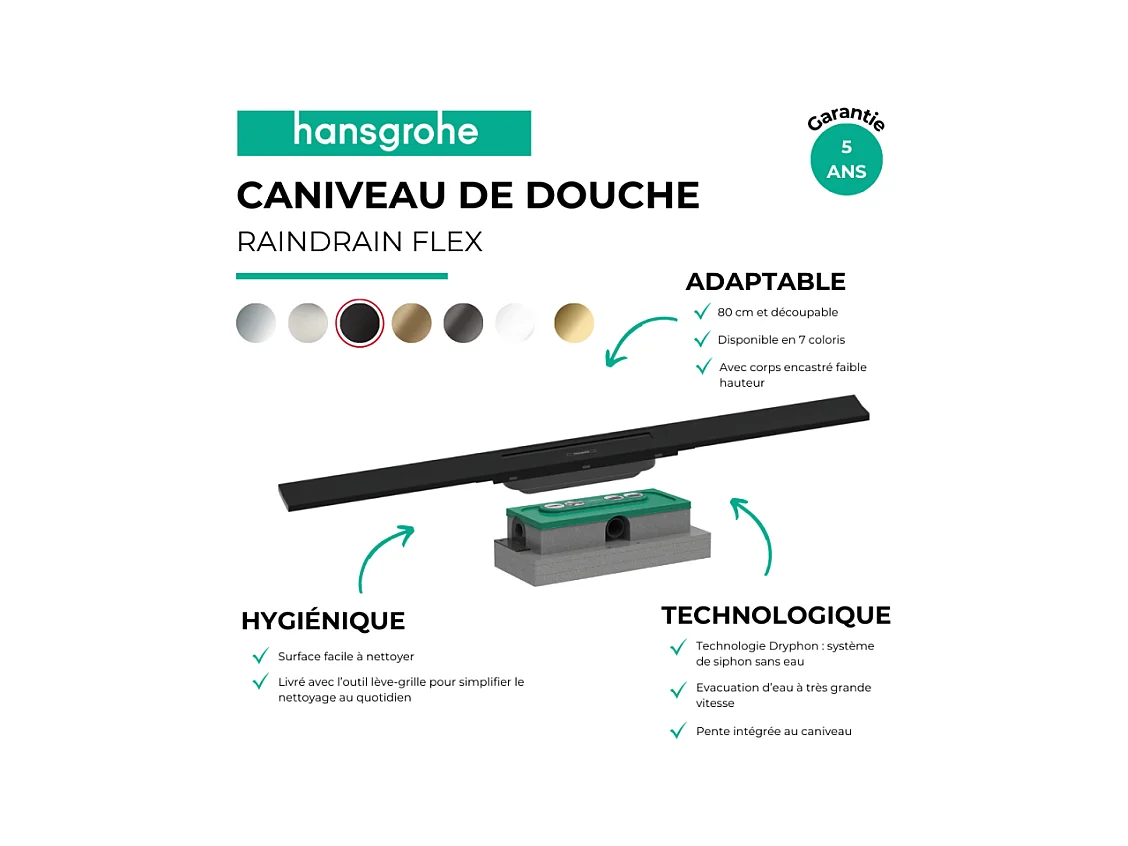 Caniveau de douche HANSGROHE RainDrain Flex 80 Noir mat + Corps encastré à faible hauteur