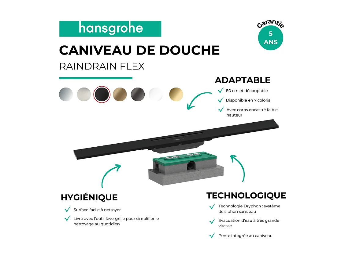 Caniveau de douche HANSGROHE RainDrain Flex 80 Noir mat + Corps encastré à faible hauteur