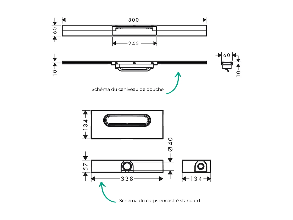 Caniveau de douche HANSGROHE RainDrain Flex 80 Noir mat + Corps encastré à faible hauteur