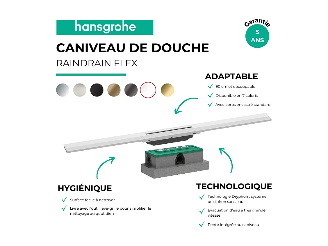 Caniveau de douche HANSGROHE RainDrain Flex 90 Blanc mat + Corps encastré standard