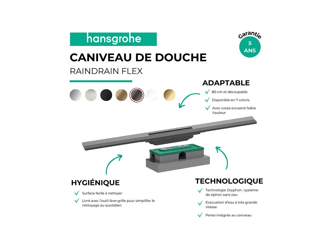 Caniveau de douche HANSGROHE RainDrain Flex 80 Noir chromé brossé + Corps encastré à faible hauteur