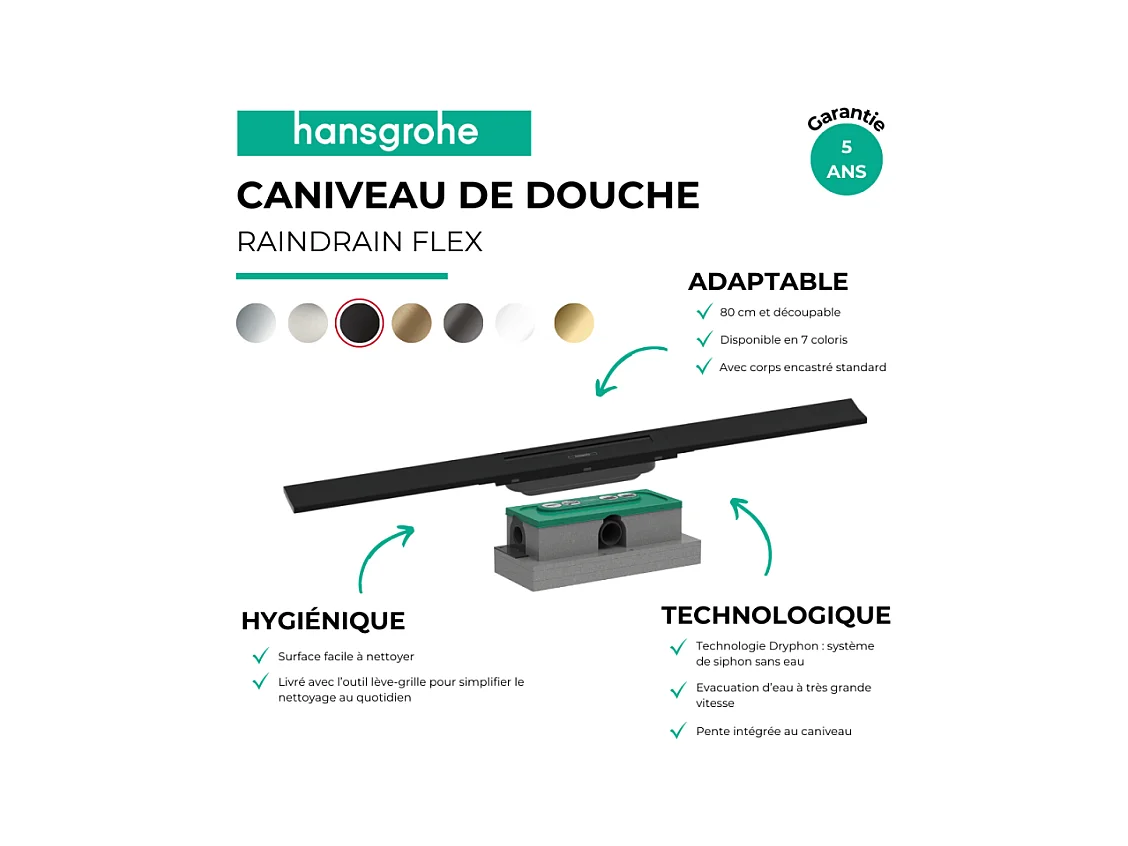 Caniveau de douche HANSGROHE RainDrain Flex 80 Noir mat + Corps encastré standard