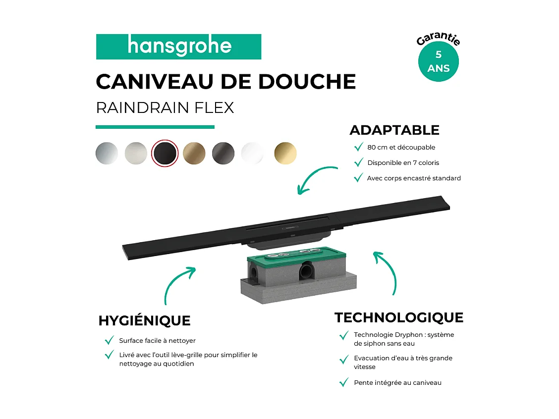 Caniveau de douche HANSGROHE RainDrain Flex 80 Noir mat + Corps encastré standard
