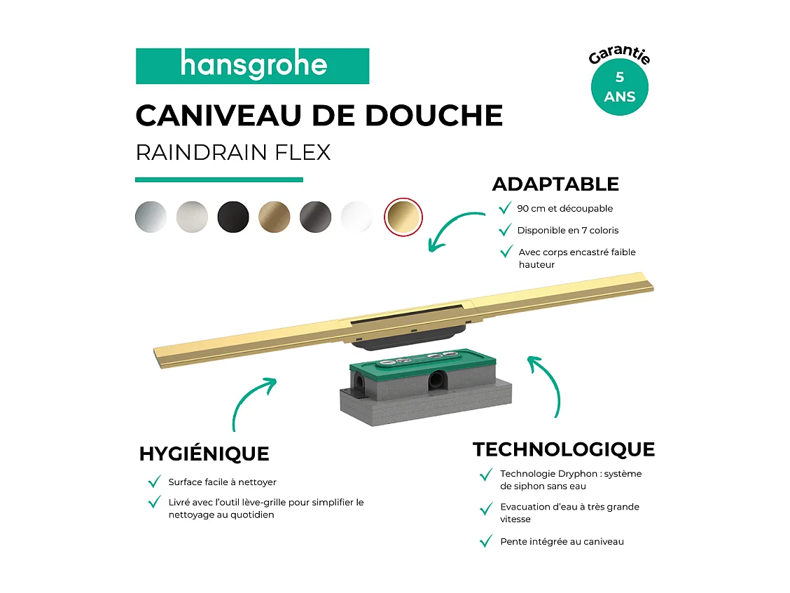 Caniveau de douche HANSGROHE RainDrain Flex 90 Aspect doré poli + Corps encastré à faible hauteur
