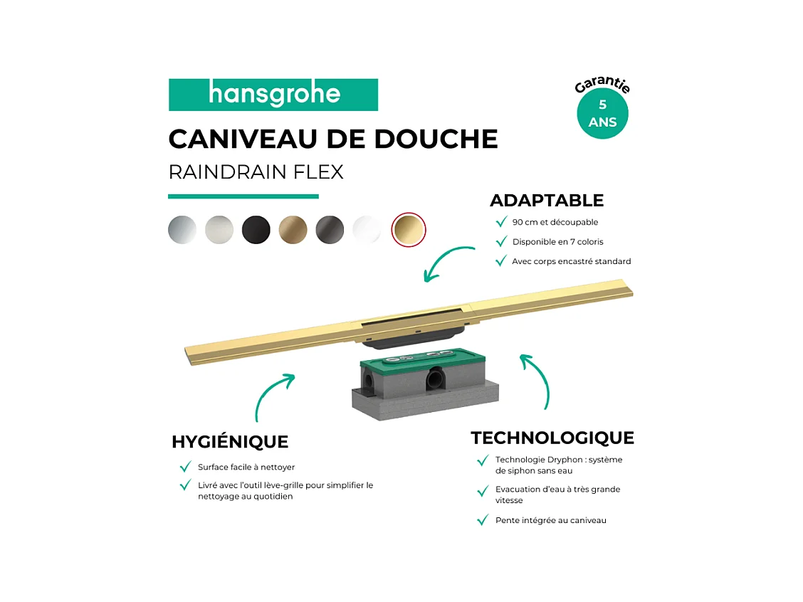 Caniveau de douche HANSGROHE RainDrain Flex 90 Aspect doré poli + Corps encastré standard