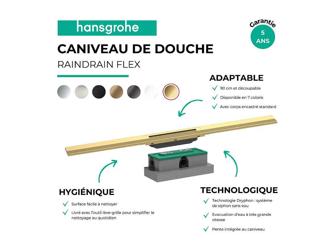 Caniveau de douche HANSGROHE RainDrain Flex 90 Aspect doré poli + Corps encastré standard