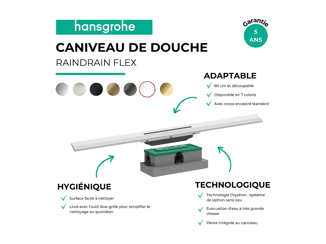 Caniveau de douche HANSGROHE RainDrain Flex 80 Blanc mat + Corps encastré standard