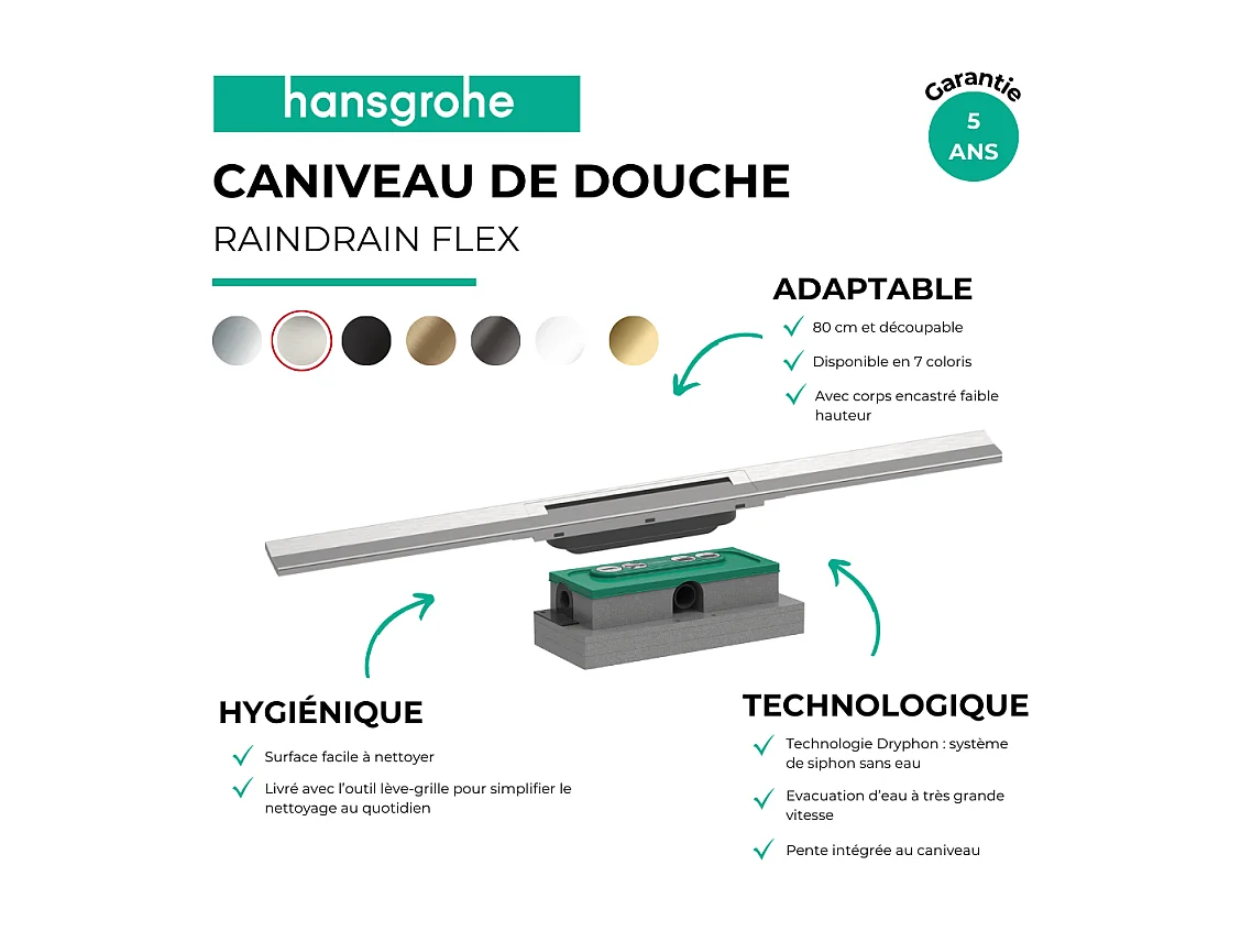 Caniveau de douche HANSGROHE RainDrain Flex 80 Acier inox brossé + Corps encastré à faible hauteur
