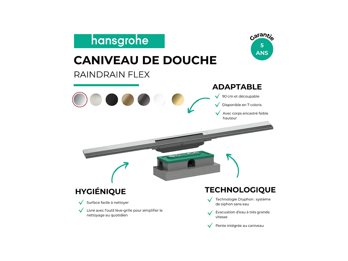 Caniveau de douche HANSGROHE RainDrain Flex 90 Acier inox brossé + Corps encastré à faible hauteur