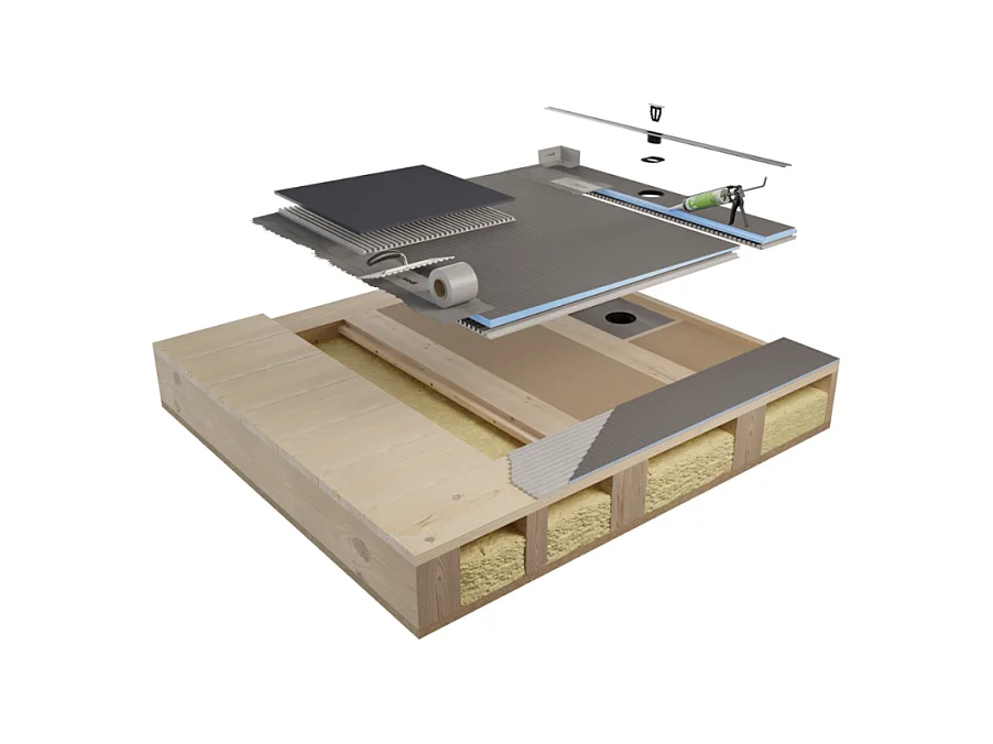 Pack receveur de douche pré-penté 164 x 120 x 3,5 cm WEDI Fundo Flex bois + bonde horizontale + écoulement linéaire + support