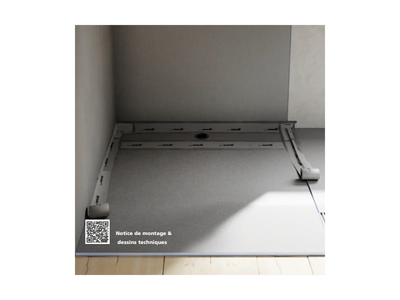 Pack receveur de douche pré-penté 164 x 120 x 3,5 cm WEDI Fundo Flex bois + bonde horizontale + écoulement linéaire + support