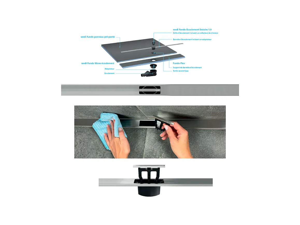 Pack receveur de douche pré-penté 164 x 120 x 3,5 cm WEDI Fundo Flex bois + bonde horizontale + écoulement linéaire + support