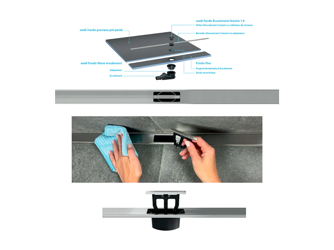 Pack receveur de douche pré-penté 104 x 160 x 2,6 cm WEDI Fundo Flex bois + bonde horizontale + écoulement linéaire + support