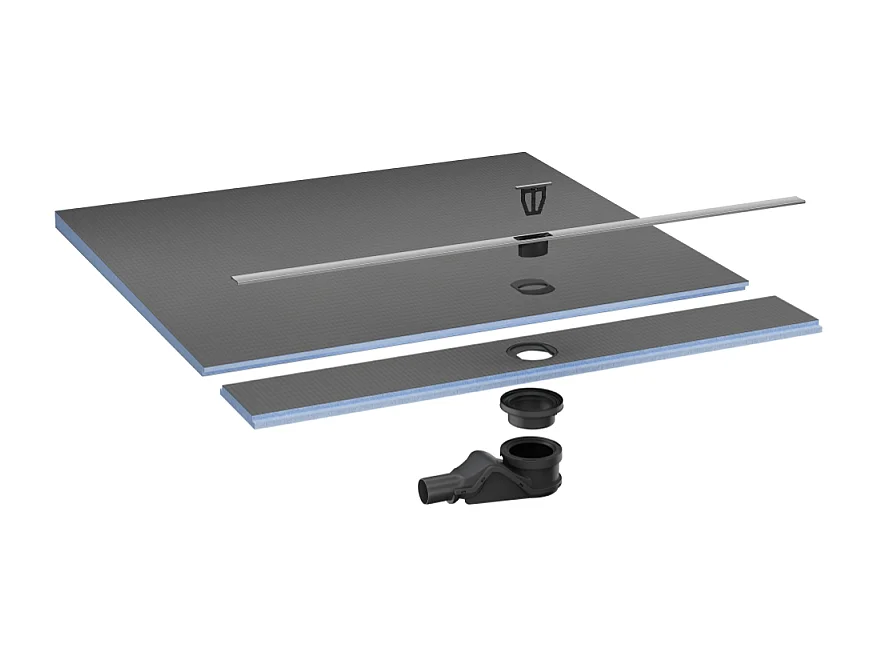 Pack receveur de douche pré-penté 164 x 120 x 4,7 cm WEDI Fundo Flex béton +bonde horizontale+écoulement+support+colle+kit étanche