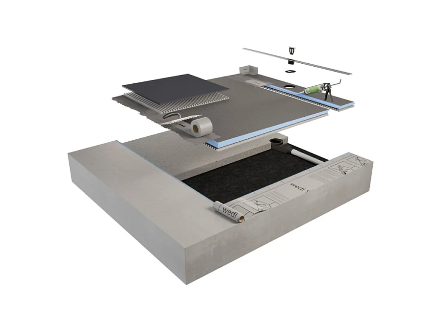 Pack receveur de douche pré-penté 104 x 120 x 3,8 cm WEDI Fundo Flex béton +bonde horizontale+écoulement+support+colle+kit étanche