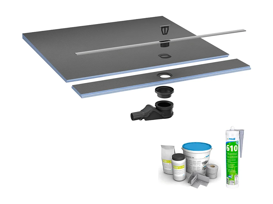 Pack receveur de douche pré-penté 104 x 120 x 3,8 cm WEDI Fundo Flex béton +bonde horizontale+écoulement+support+colle+kit étanche