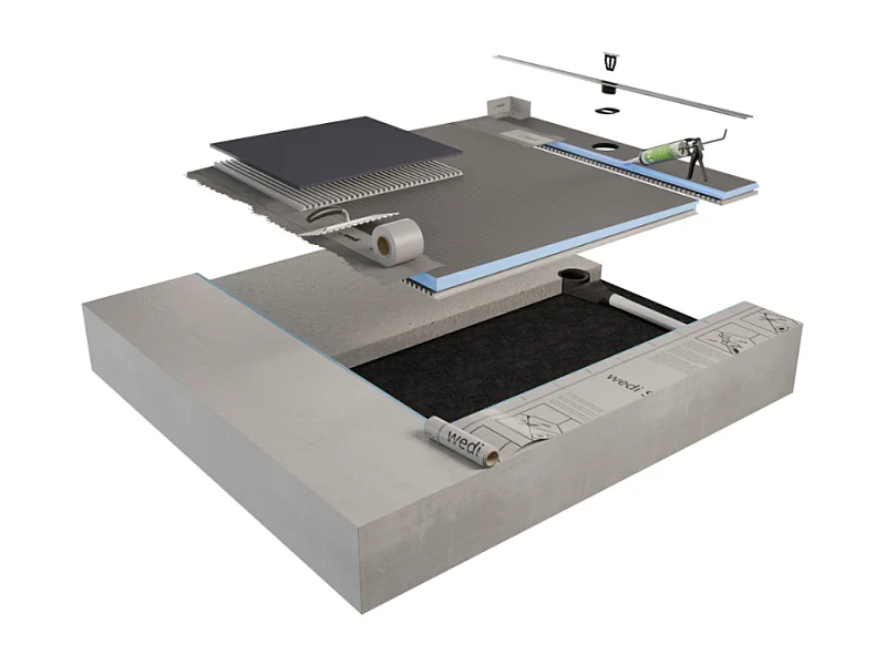 Pack receveur de douche pré-penté 104 x 120 x 3,8 cm WEDI Fundo Flex béton +bonde horizontale+écoulement+support+colle+kit étanche