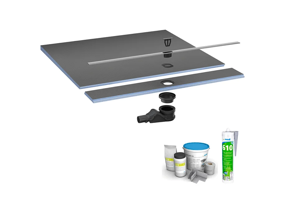 Pack receveur de douche pré-penté 104 x 120 x 2,6 cm WEDI Fundo Flex bois +bonde horizontal+écoulement+support+colle+kit étanche