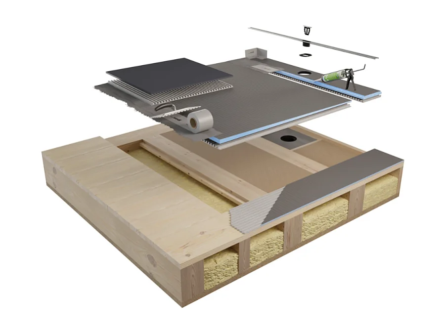 Pack receveur de douche pré-penté 104 x 120 x 2,6 cm WEDI Fundo Flex bois +bonde horizontal+écoulement+support+colle+kit étanche