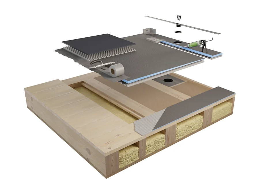 Pack receveur de douche pré-penté 104 x 120 x 2,6 cm WEDI Fundo Flex bois +bonde horizontal+écoulement+support+colle+kit étanche