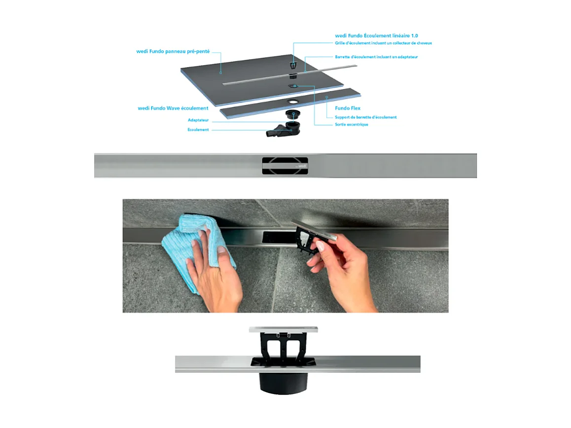 Pack receveur de douche pré-penté 104 x 120 x 2,6 cm WEDI Fundo Flex bois +bonde horizontal+écoulement+support+colle+kit étanche