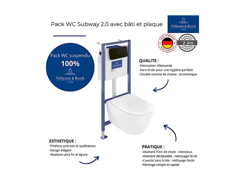 Pack WC sans bride VILLEROY ET BOCH Subway 2.0 abattant frein de chute + bâti-support sol et mur+ plaque noir mat + Tabouret blanc