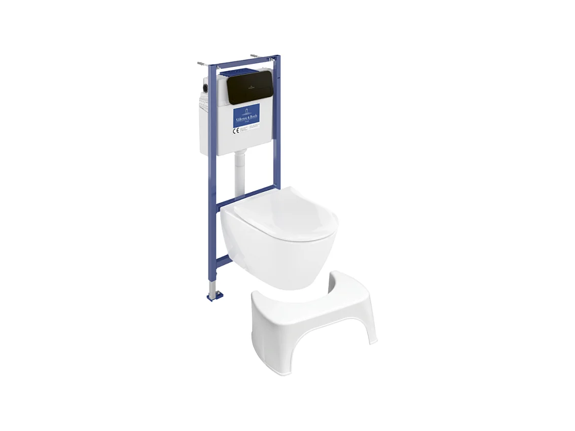 Pack WC sans bride VILLEROY ET BOCH Subway 2.0 abattant frein de chute + bâti-support sol et mur+ plaque noir mat + Tabouret blanc