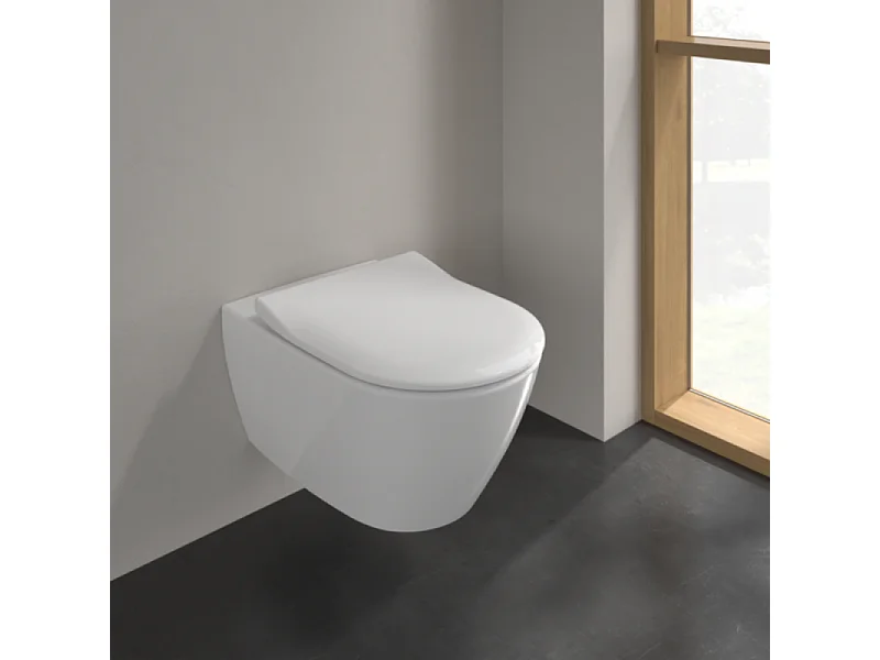 Pack WC sans bride VILLEROY ET BOCH Subway 2.0 abattant frein de chute + bâti-support sol et mur+ plaque noir mat + Tabouret blanc