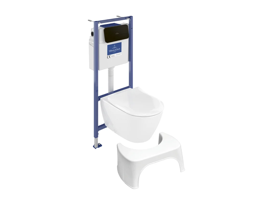Pack WC sans bride VILLEROY ET BOCH Subway 2.0 abattant frein de chute + bâti-support sol et mur+ plaque noir mat + Tabouret blanc