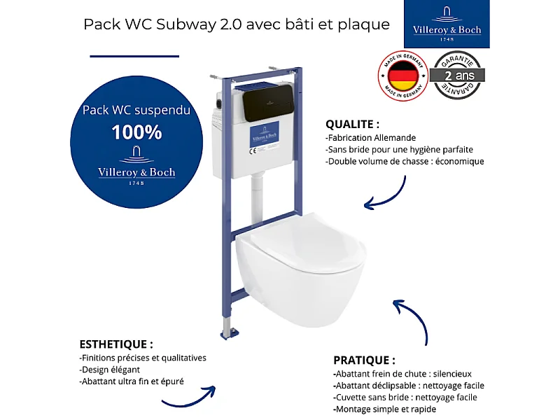 Pack WC sans bride VILLEROY ET BOCH Subway 2.0 abattant frein de chute + bâti-support sol et mur+ plaque noir mat + Tabouret blanc