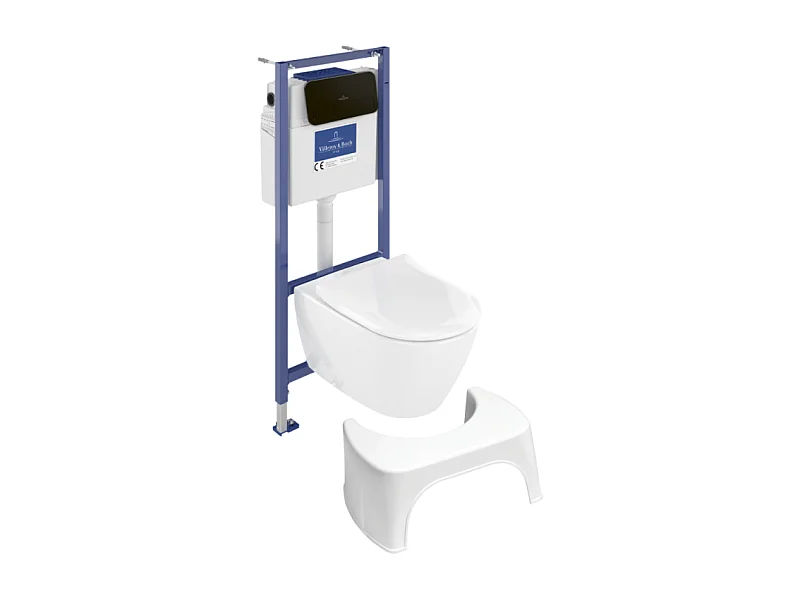 Pack WC sans bride VILLEROY ET BOCH Subway 2.0 abattant frein de chute + bâti-support sol et mur+ plaque noir mat + Tabouret blanc