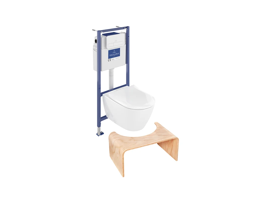 Pack WC sans bride VILLEROY ET BOCH Subway 2.0 abattant frein de chute + bâti-support sol et mur + plaque Chromé + Tabouret bois