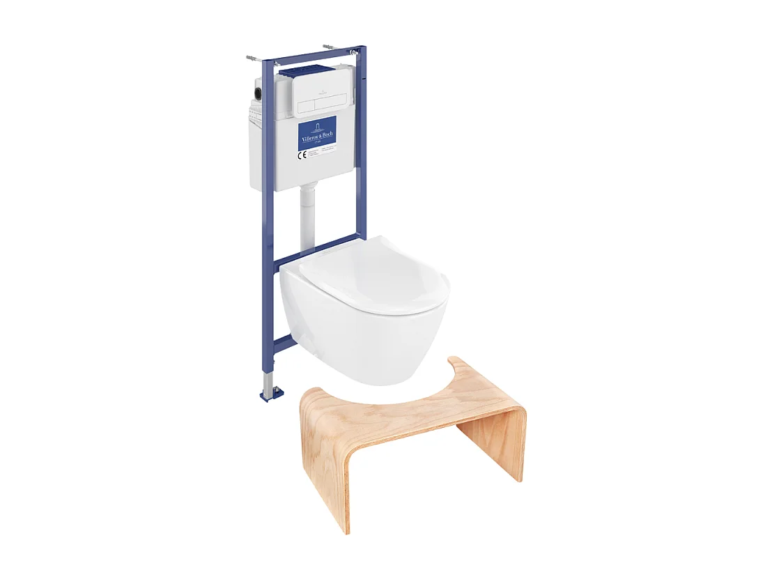 Pack WC sans bride VILLEROY ET BOCH Subway 2.0 abattant frein de chute + bâti-support sol et mur + plaque Chromé + Tabouret bois