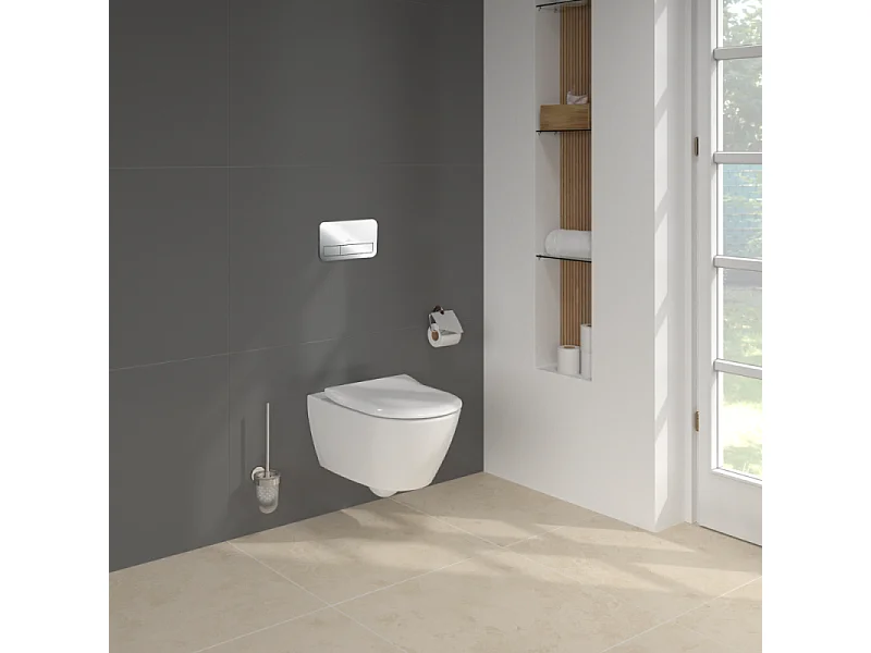 Pack WC sans bride VILLEROY ET BOCH Subway 2.0 abattant frein de chute + bâti-support sol et mur + plaque Chromé + Tabouret bois