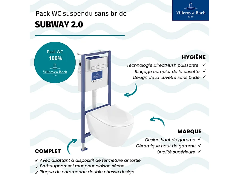 Pack WC sans bride VILLEROY ET BOCH Subway 2.0 abattant frein de chute + bâti-support sol et mur + plaque Chromé + Tabouret bois