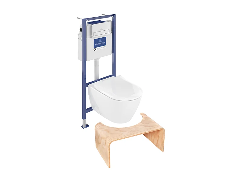 Pack WC sans bride VILLEROY ET BOCH Subway 2.0 avec abattant frein de chute + bâti Viconnect PRO + plaque blanche  + Tabouret bois