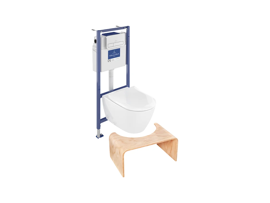 Pack WC sans bride VILLEROY ET BOCH Subway 2.0 avec abattant frein de chute + bâti Viconnect PRO + plaque blanche  + Tabouret bois