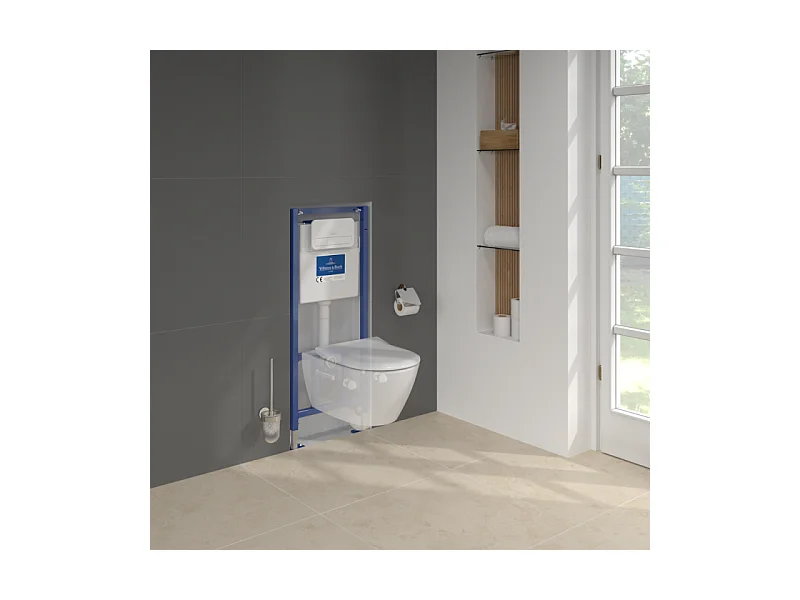 Pack WC sans bride VILLEROY ET BOCH Subway 2.0 abattant frein de chute + bâti-support sol et mur+ plaque Chromé mat +Tabouret bois