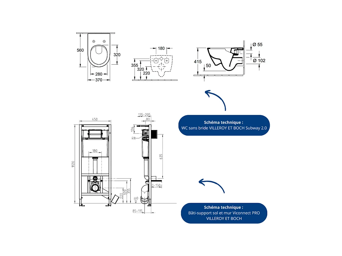 Pack WC sans bride VILLEROY ET BOCH Subway 2.0 abattant frein de chute + bâti-support sol et mur+ plaque Chromé mat +Tabouret bois