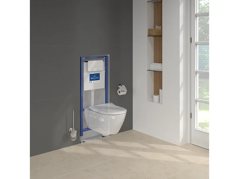 Pack WC sans bride VILLEROY ET BOCH Subway 2.0 abattant frein de chute + bâti-support sol et mur+ plaque Chromé mat +Tabouret bois