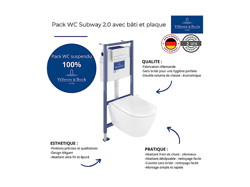 Pack WC sans bride VILLEROY ET BOCH Subway 2.0 abattant frein de chute + bâti-support sol et mur+ plaque Chromé mat + Tabouret