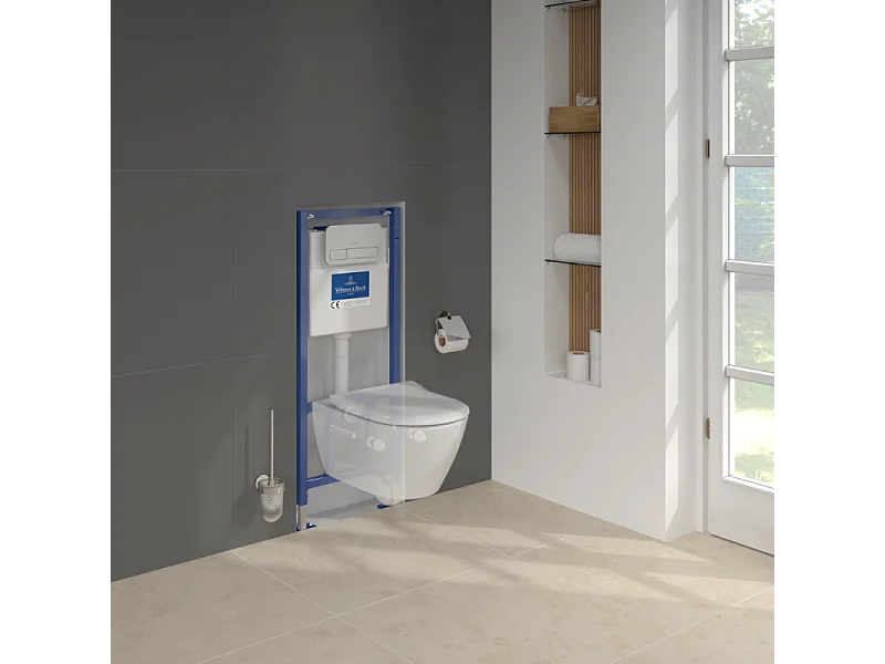 Pack WC sans bride VILLEROY ET BOCH Subway 2.0 abattant frein de chute + bâti-support sol et mur+ plaque Chromé mat + Tabouret