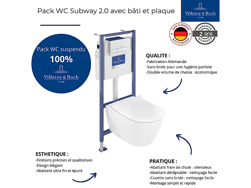 Pack WC sans bride VILLEROY ET BOCH Subway 2.0 abattant frein de chute + bâti-support sol et mur+ plaque Chromé mat + Tabouret