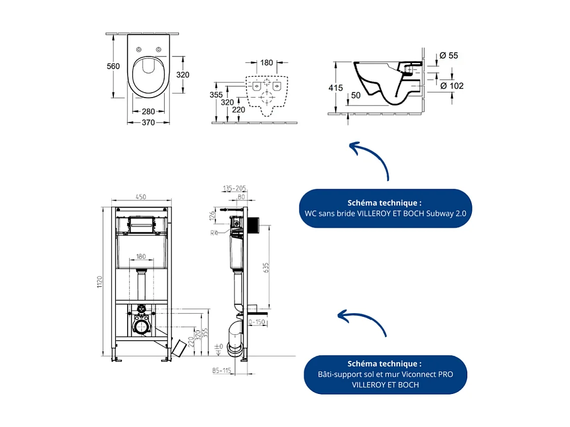 Pack WC sans bride VILLEROY ET BOCH Subway 2.0 abattant frein de chute + bâti-support sol et mur+ plaque Chromé mat + Tabouret