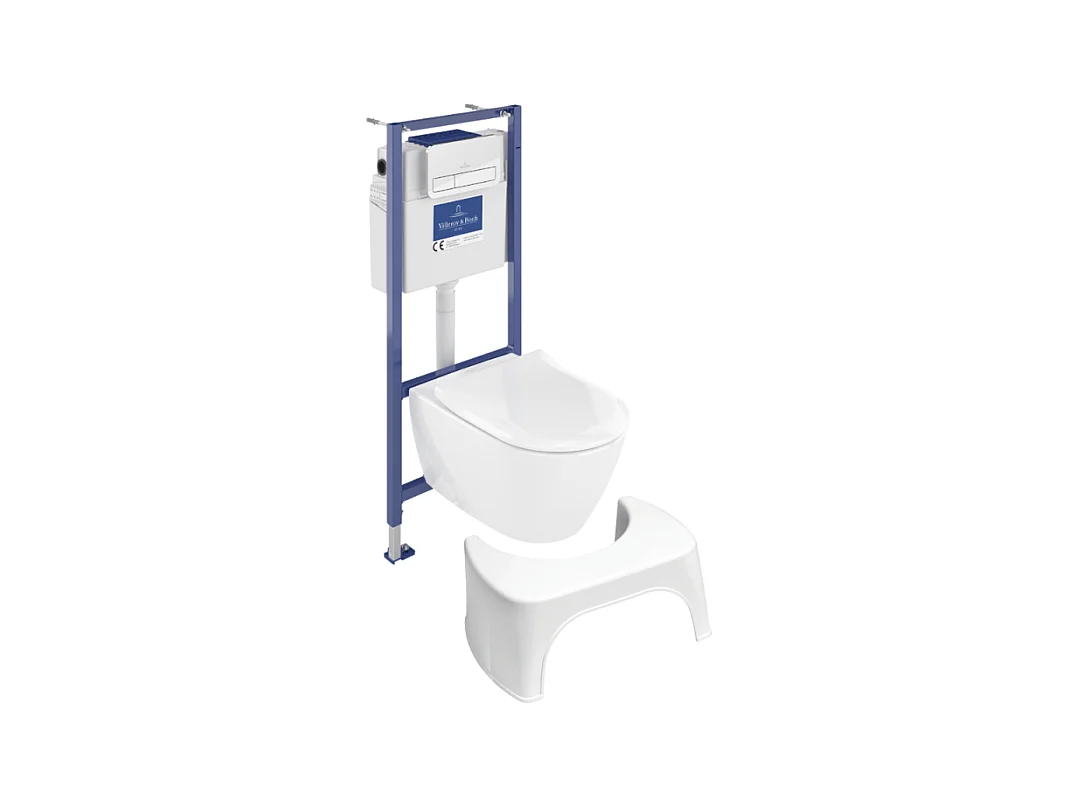 Pack WC sans bride VILLEROY ET BOCH Subway 2.0 abattant frein de chute + bâti-support sol et mur + plaque Chromé + Tabouret