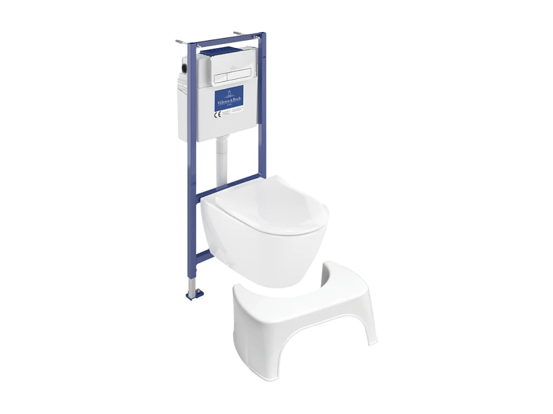 Pack WC sans bride VILLEROY ET BOCH Subway 2.0 abattant frein de chute + bâti-support sol et mur + plaque Chromé + Tabouret