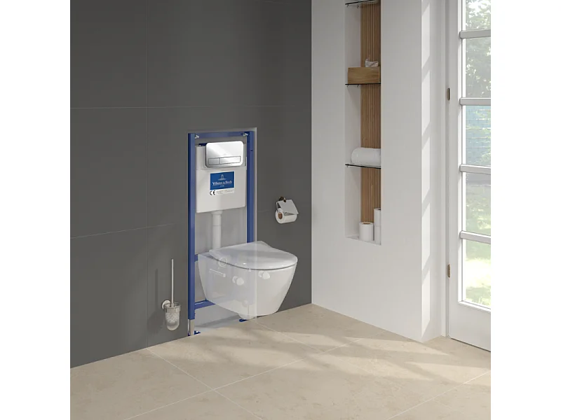 Pack WC sans bride VILLEROY ET BOCH Subway 2.0 abattant frein de chute + bâti-support sol et mur + plaque Chromé + Tabouret
