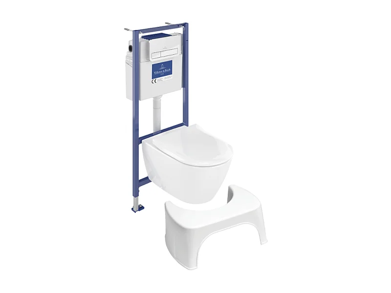 Pack WC sans bride VILLEROY ET BOCH Subway 2.0 abattant frein de chute + bâti-support sol et mur + plaque Chromé + Tabouret