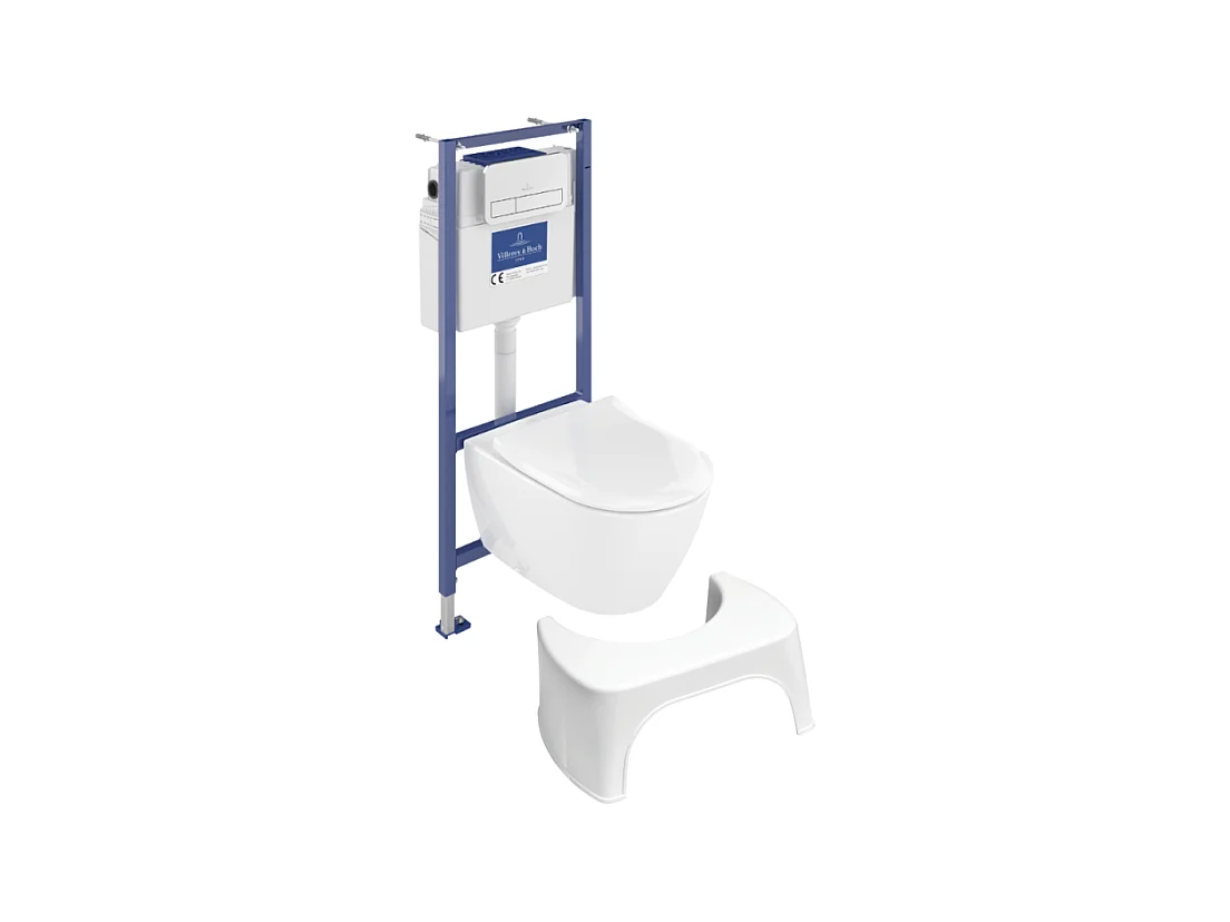 Pack WC sans bride VILLEROY ET BOCH Subway 2.0 abattant frein de chute + bâti-support sol et mur+ plaque blanche + Tabouret blanc