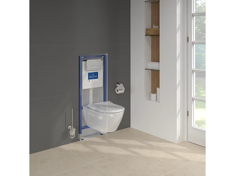 Pack WC sans bride VILLEROY ET BOCH Subway 2.0 abattant frein de chute + bâti-support sol et mur+ plaque blanche + Tabouret blanc
